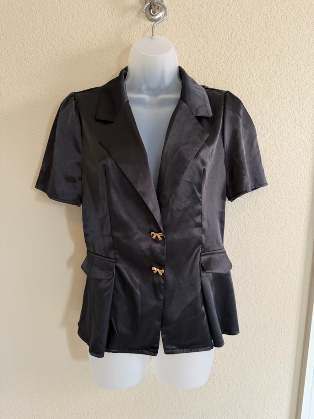 Black Short-Sleeve Satin Blazer with Bow Buttons